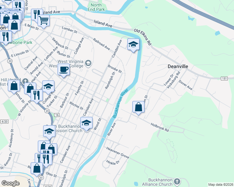 map of restaurants, bars, coffee shops, grocery stores, and more near 73-99 Wood St in Buckhannon
