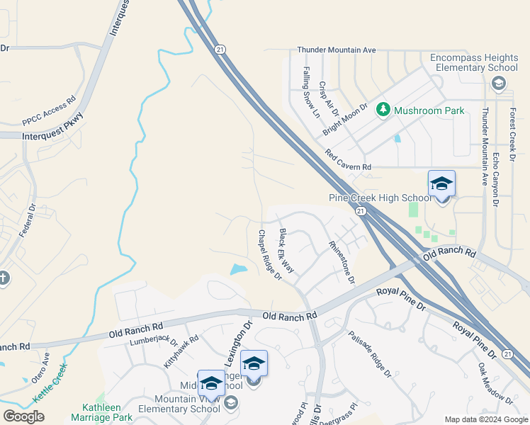 map of restaurants, bars, coffee shops, grocery stores, and more near 10828 Rhinestone Drive in Colorado Springs