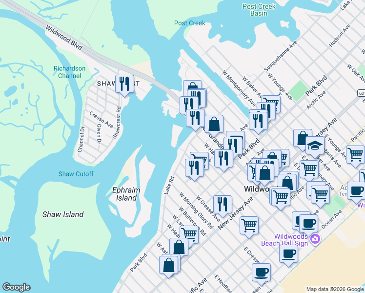 map of restaurants, bars, coffee shops, grocery stores, and more near 5206 Lake Road in Wildwood