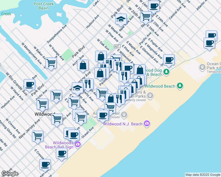map of restaurants, bars, coffee shops, grocery stores, and more near 233 East Spicer Avenue in Wildwood