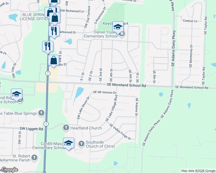 map of restaurants, bars, coffee shops, grocery stores, and more near 215 Southeast Mount Vernon Drive in Blue Springs