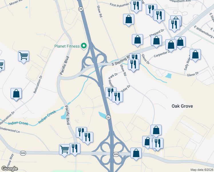 map of restaurants, bars, coffee shops, grocery stores, and more near 22744 Holiday Park Drive in Sterling