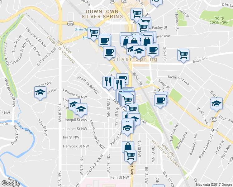 map of restaurants, bars, coffee shops, grocery stores, and more near 8025 13th Street in Silver Spring