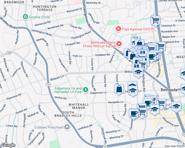 map of restaurants, bars, coffee shops, grocery stores, and more near 7801 Custer Road in Bethesda