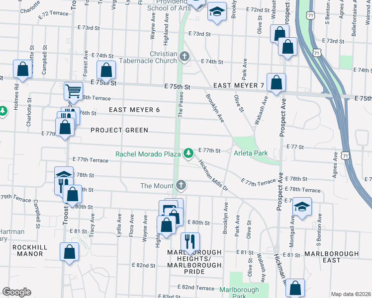 map of restaurants, bars, coffee shops, grocery stores, and more near Hickman Mills Dr & E 77th St in Kansas City