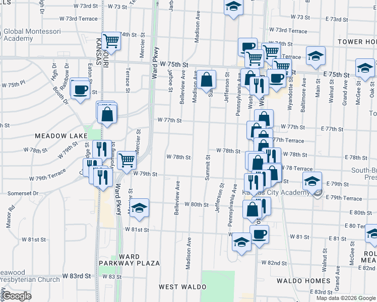 map of restaurants, bars, coffee shops, grocery stores, and more near 7800 Madison Avenue in Kansas City