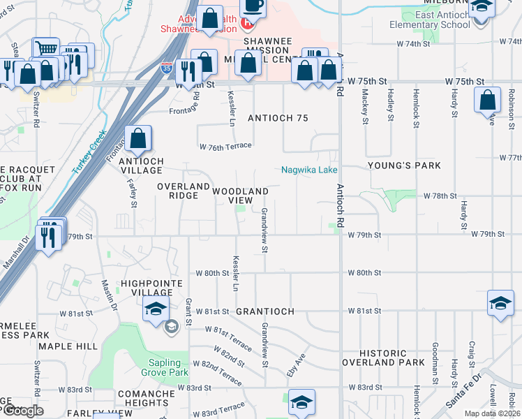 map of restaurants, bars, coffee shops, grocery stores, and more near 9178 West 78th Terrace in Overland Park