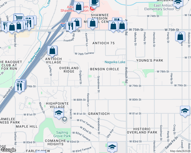 map of restaurants, bars, coffee shops, grocery stores, and more near 9180 West 78th Terrace in Overland Park