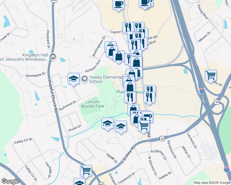map of restaurants, bars, coffee shops, grocery stores, and more near 9000 Preakness Drive in Florence