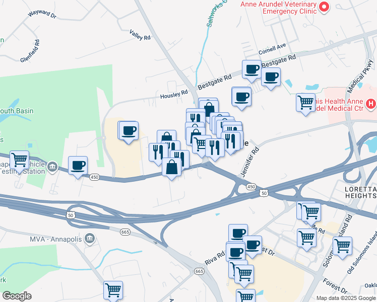 map of restaurants, bars, coffee shops, grocery stores, and more near 6 Spruce Lane in Annapolis