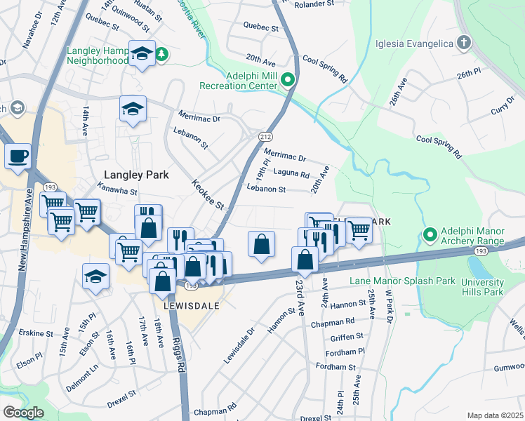 map of restaurants, bars, coffee shops, grocery stores, and more near 7967 Riggs Road in Hyattsville