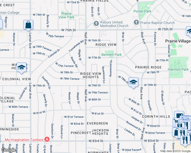 map of restaurants, bars, coffee shops, grocery stores, and more near 7833 Ash Street in Prairie Village