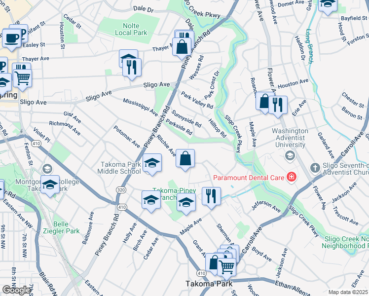 map of restaurants, bars, coffee shops, grocery stores, and more near 10 Elwyn Court in Silver Spring