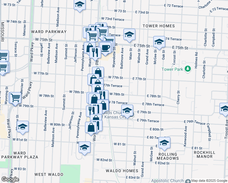 map of restaurants, bars, coffee shops, grocery stores, and more near 107 West 78th Street in Kansas City