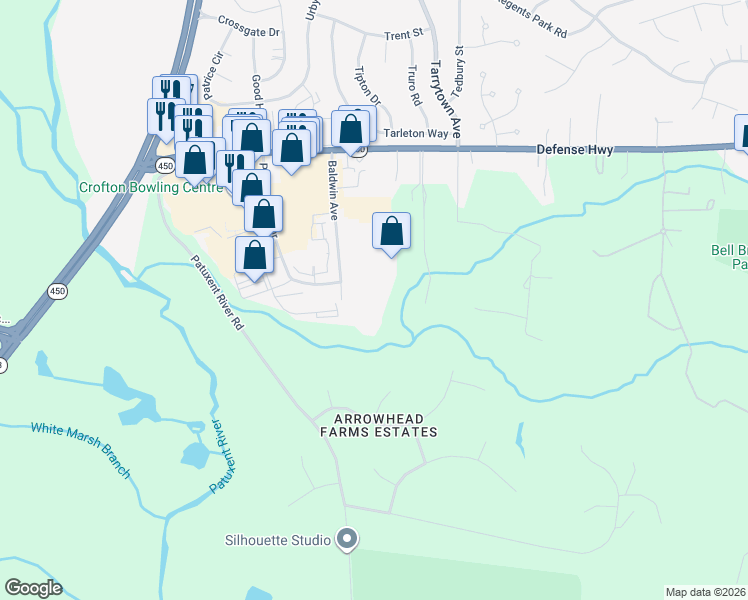 map of restaurants, bars, coffee shops, grocery stores, and more near 2144 Priest Bridge Court in Crofton
