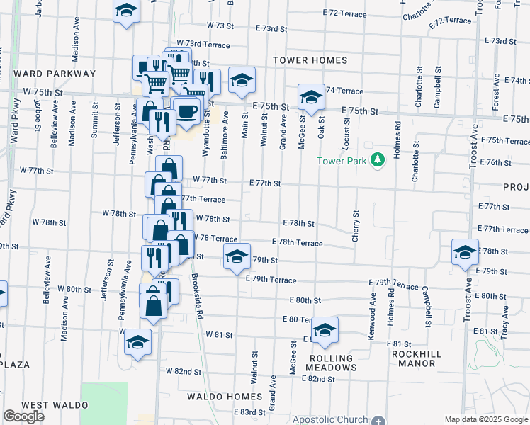 map of restaurants, bars, coffee shops, grocery stores, and more near 7735 Walnut Street in Kansas City