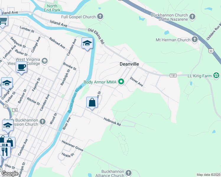 map of restaurants, bars, coffee shops, grocery stores, and more near 283 Vicksburg Rd in Buckhannon