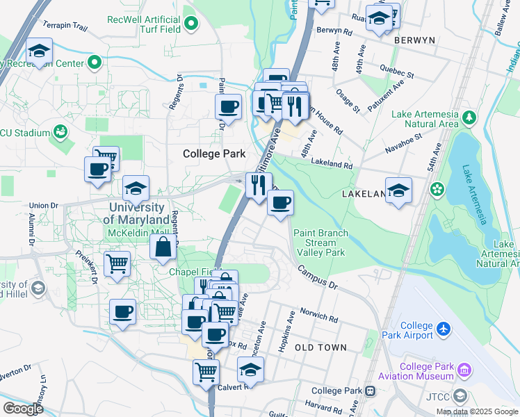 map of restaurants, bars, coffee shops, grocery stores, and more near 7777 Baltimore Avenue in College Park