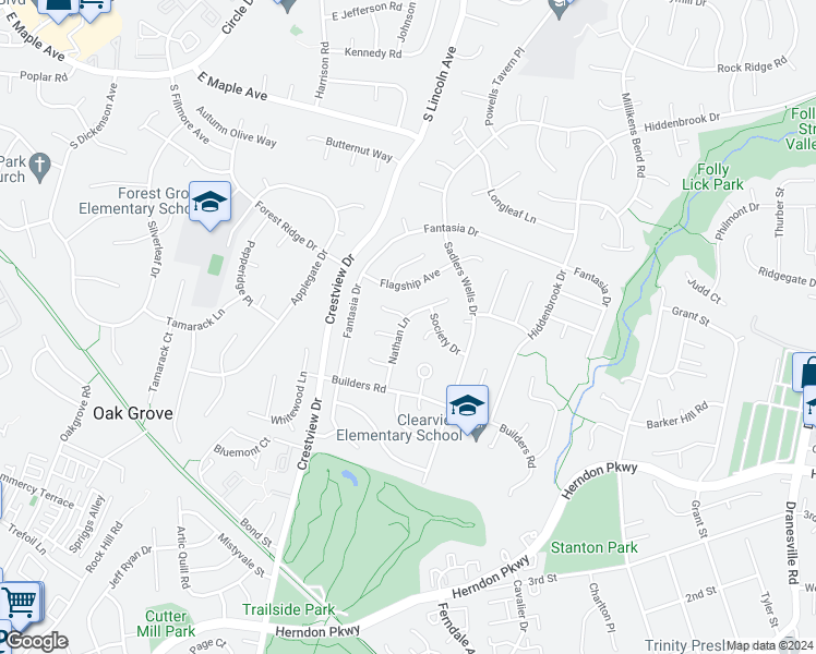 map of restaurants, bars, coffee shops, grocery stores, and more near 1619 Nathan Lane in Herndon