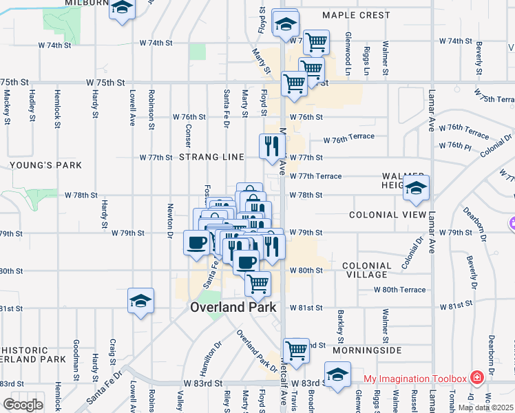 map of restaurants, bars, coffee shops, grocery stores, and more near 7829 Marty Street in Overland Park