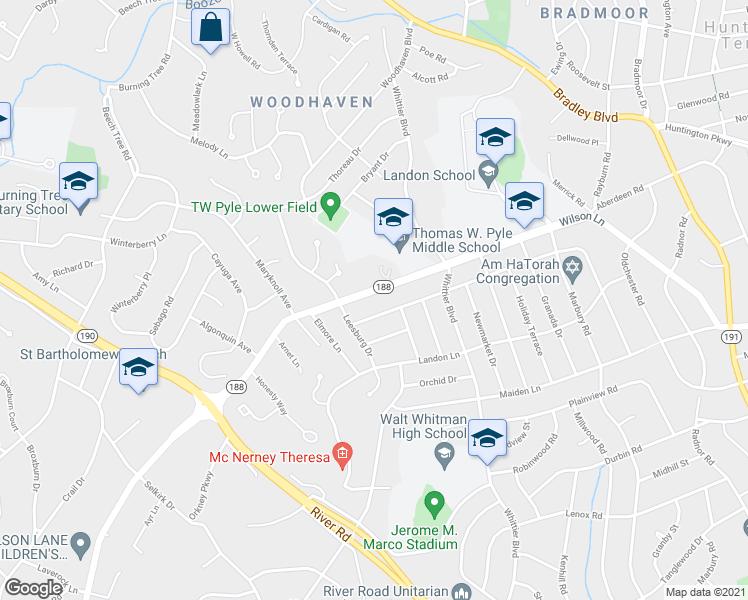 map of restaurants, bars, coffee shops, grocery stores, and more near 6406 Wilson Lane in Bethesda