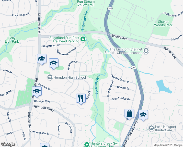 map of restaurants, bars, coffee shops, grocery stores, and more near 12149 Eddyspark Drive in Herndon