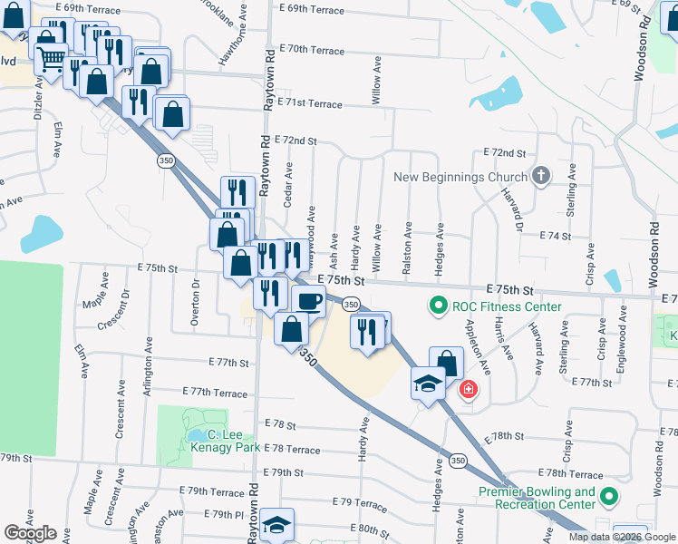 map of restaurants, bars, coffee shops, grocery stores, and more near 10208 East State Route 350 in Raytown