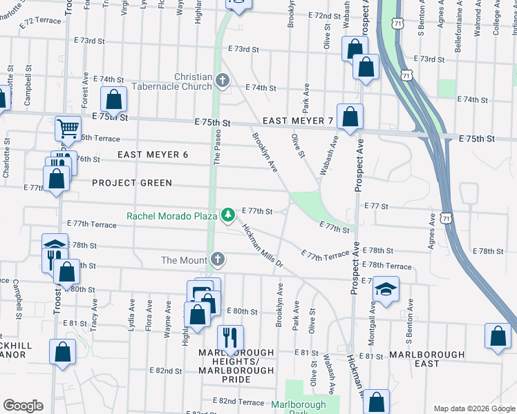 map of restaurants, bars, coffee shops, grocery stores, and more near 1865 East 77th Street in Kansas City