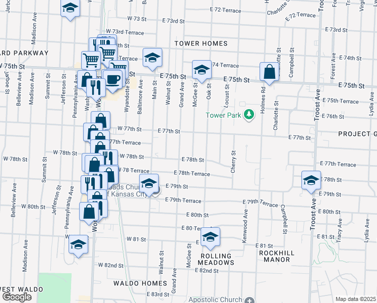 map of restaurants, bars, coffee shops, grocery stores, and more near 207 East 78th Street in Kansas City
