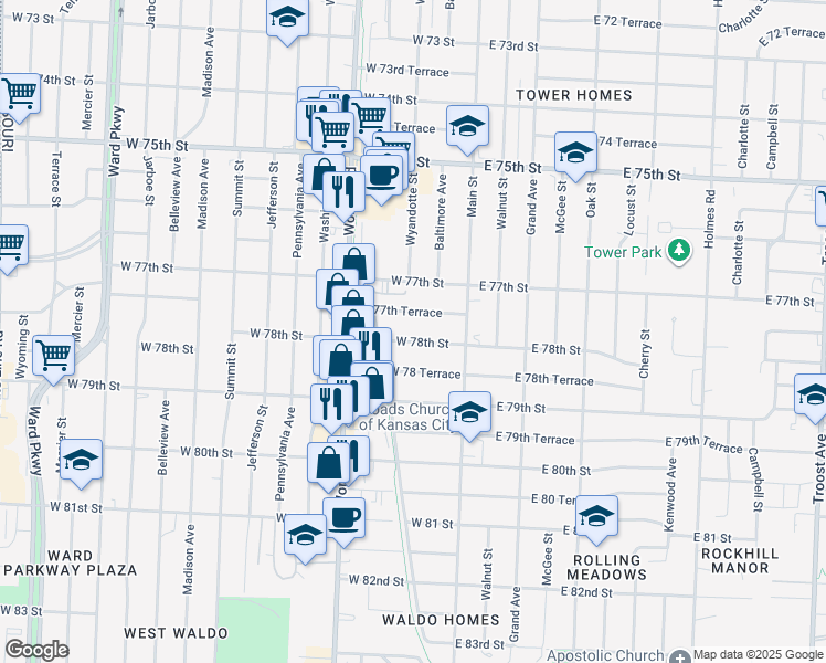 map of restaurants, bars, coffee shops, grocery stores, and more near 107 West 78th Street in Kansas City