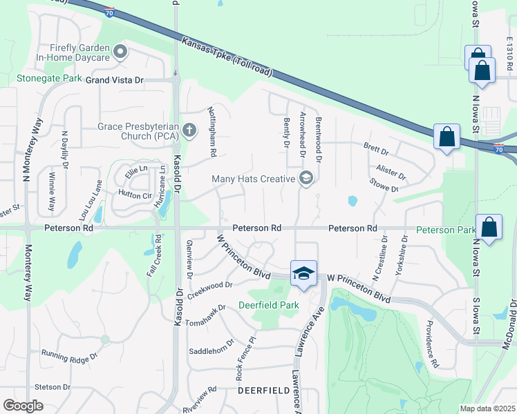 map of restaurants, bars, coffee shops, grocery stores, and more near 411 John Doy Court in Lawrence