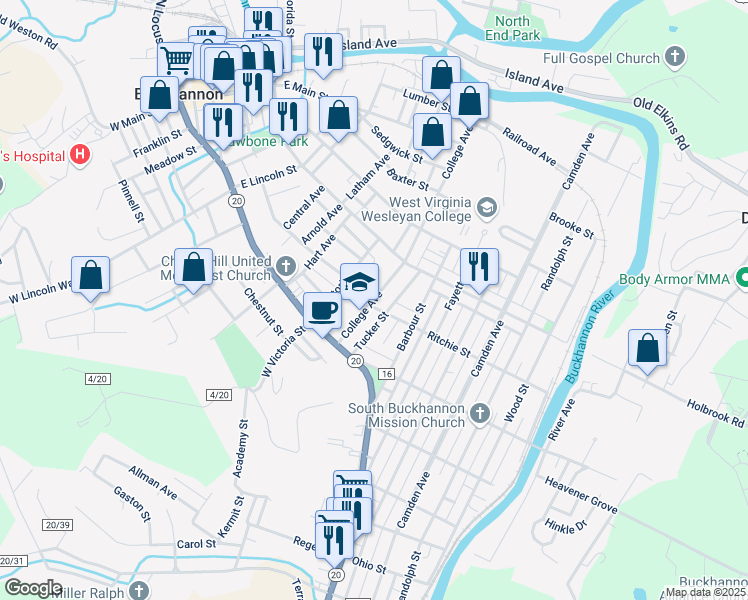 map of restaurants, bars, coffee shops, grocery stores, and more near 16 College Ave in Buckhannon