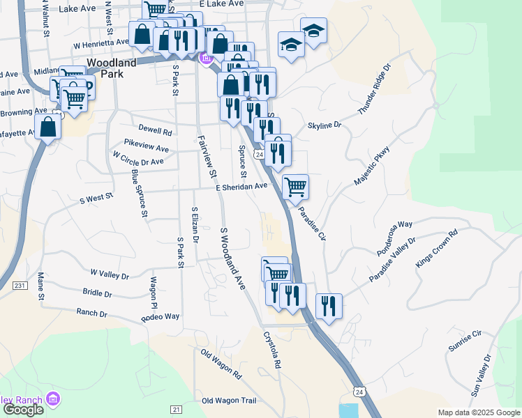 map of restaurants, bars, coffee shops, grocery stores, and more near 704 Stone Park Lane in Woodland Park