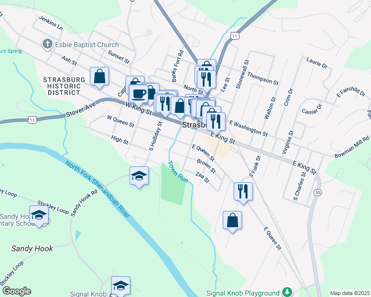 map of restaurants, bars, coffee shops, grocery stores, and more near 234 South Massanutten Street in Strasburg