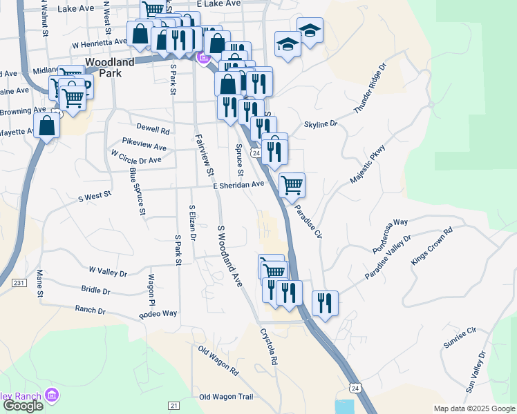 map of restaurants, bars, coffee shops, grocery stores, and more near 704 Stone Park Lane in Woodland Park