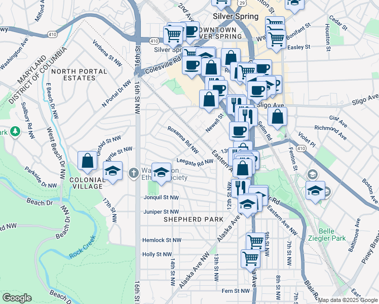 map of restaurants, bars, coffee shops, grocery stores, and more near 7923 14th Street Northwest in Washington