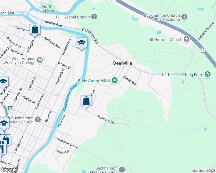 map of restaurants, bars, coffee shops, grocery stores, and more near 283 Vicksburg Rd in Buckhannon