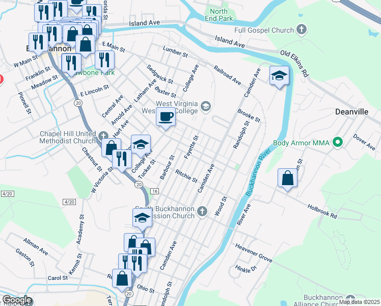 map of restaurants, bars, coffee shops, grocery stores, and more near 107 Pocahontas Street in Buckhannon