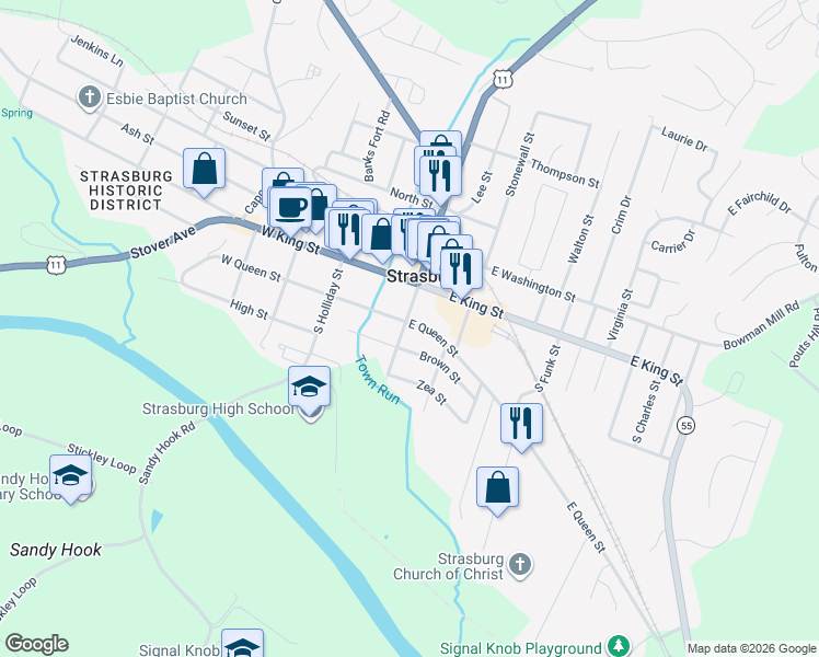 map of restaurants, bars, coffee shops, grocery stores, and more near 367 Brown Street in Strasburg