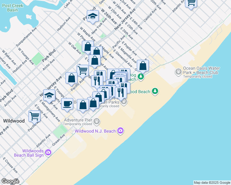 map of restaurants, bars, coffee shops, grocery stores, and more near 3409 Boardwalk in Wildwood