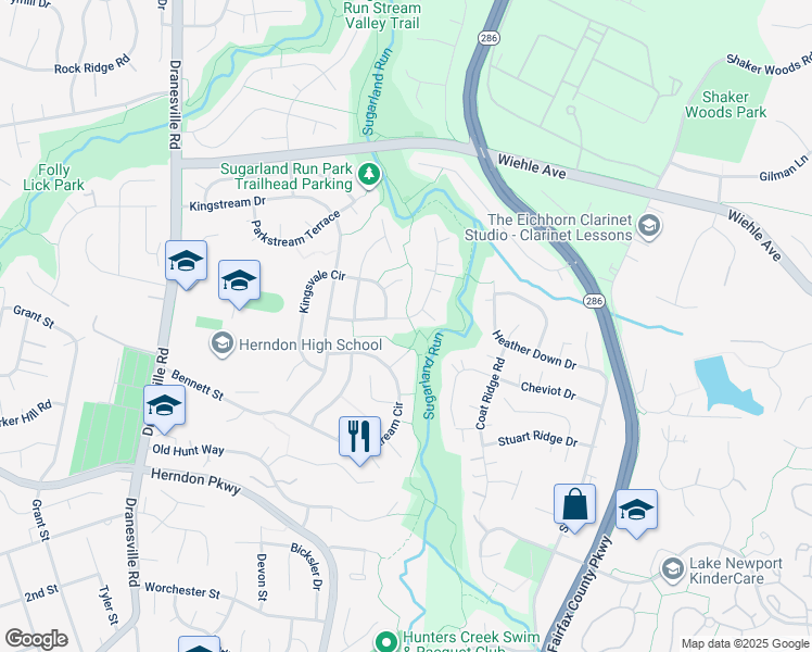 map of restaurants, bars, coffee shops, grocery stores, and more near 12149 Eddyspark Drive in Herndon