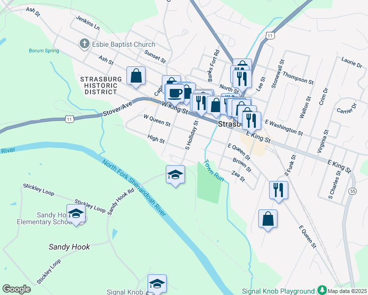 map of restaurants, bars, coffee shops, grocery stores, and more near 290 South Holliday Street in Strasburg