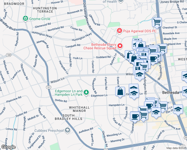 map of restaurants, bars, coffee shops, grocery stores, and more near 7801 Custer Road in Bethesda