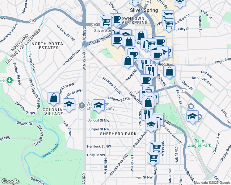 map of restaurants, bars, coffee shops, grocery stores, and more near 7923 14th Street Northwest in Washington