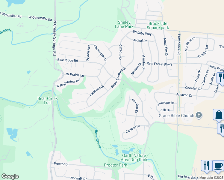 map of restaurants, bars, coffee shops, grocery stores, and more near 3512 Snow Leopard Drive in Columbia