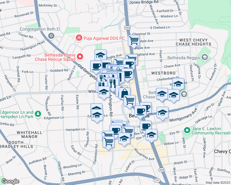 map of restaurants, bars, coffee shops, grocery stores, and more near 7735 Old Georgetown Road in Bethesda