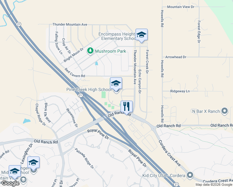 map of restaurants, bars, coffee shops, grocery stores, and more near 10750 Thunder Mountain Avenue in Colorado Springs