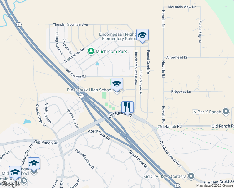 map of restaurants, bars, coffee shops, grocery stores, and more near 10750 Thunder Mountain Avenue in Colorado Springs