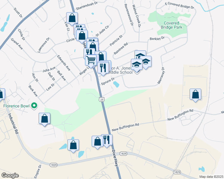 map of restaurants, bars, coffee shops, grocery stores, and more near 101 Pinehurst Drive in Florence
