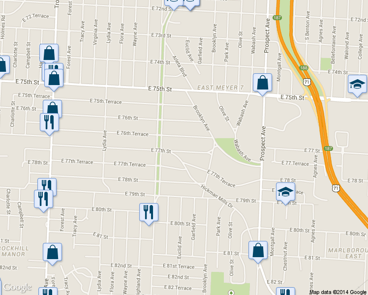 map of restaurants, bars, coffee shops, grocery stores, and more near 1840 East 77th Terrace in Kansas City